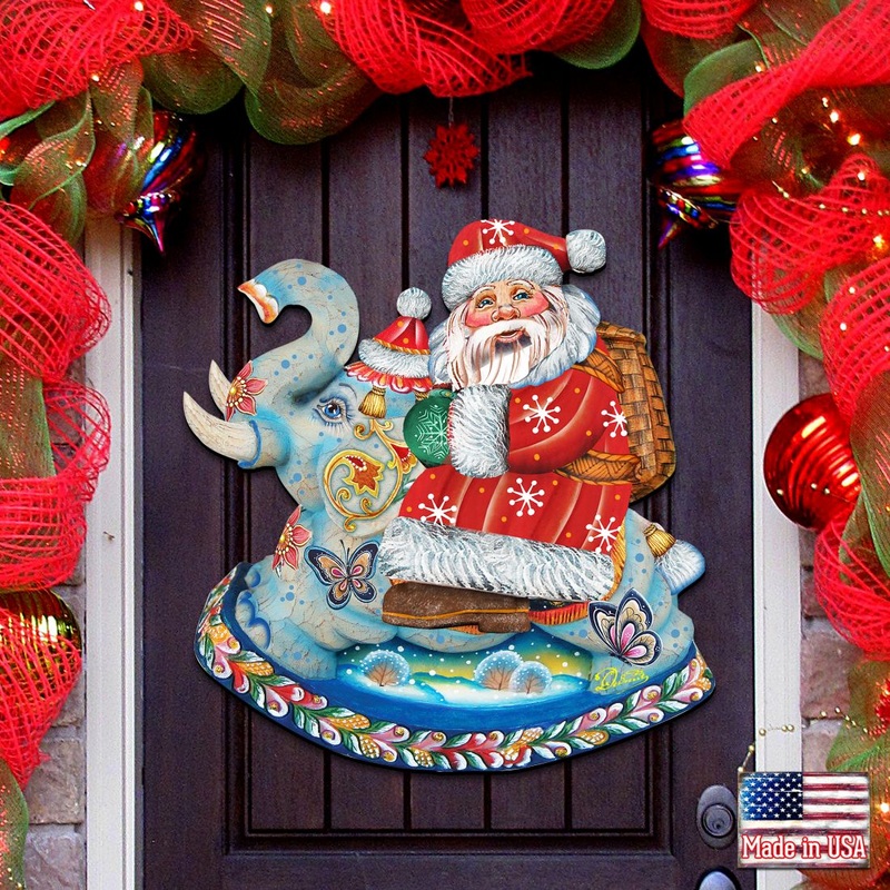 Santa On Elephant Christmas Door Decor by G. DeBrekht – Christmas Santa Snowman Decor – 8111380H