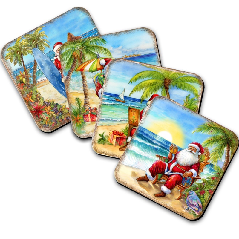 Santa on the Beach Wooden Cork Coasters Gift Set of 4 by G. Debrekht – Santa Christmas Decor  – 8199441C-S4