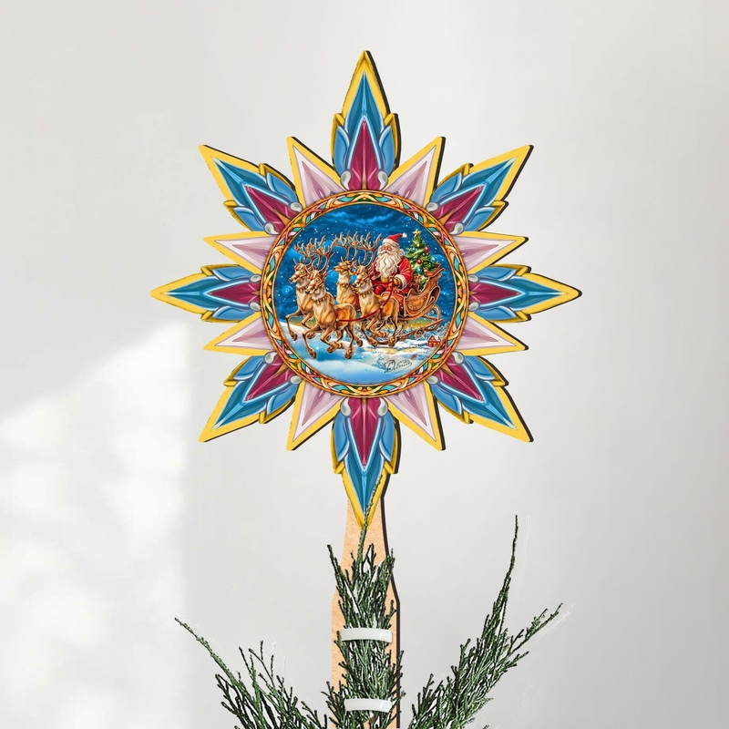 Santa on the Sleigh Star Tree Topper Wooden Decor by G. Debrekht – Santa Snowman Decor – 89516