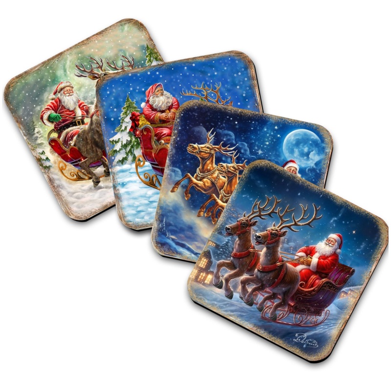 Santa’s Sleigh Wooden Cork Coasters Gift Set of 4 by G. Debrekht – Santa Christmas Decor  – 8199445C-S4