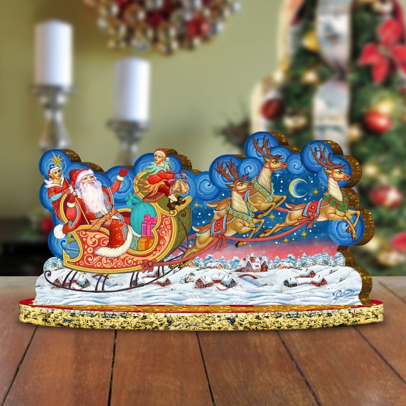 Santa Sleigh Ride with Reindeer Wooden Decor Tabletop Centerpiece by  – Christmas Snowman Decor – 89312