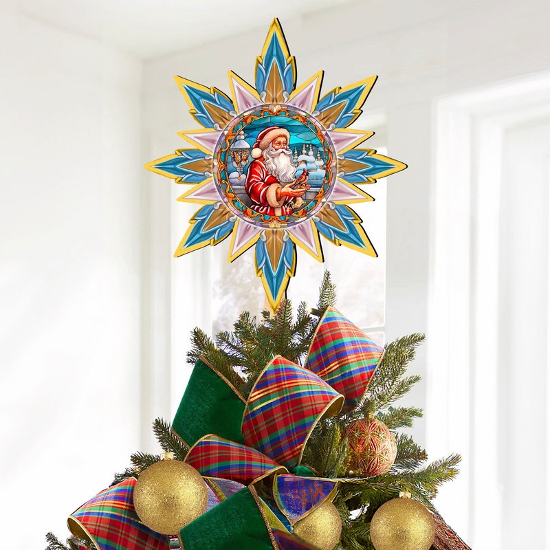 Santa with Cardinal Star Tree Topper Wooden Decor by G. Debrekht – Santa Snowman Decor – 89507