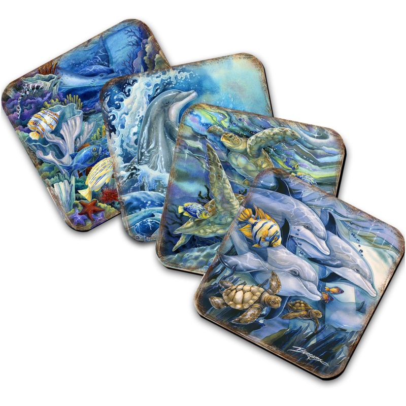 Sea Creatures Wooden Cork Coasters Gift Set of 4 by J. Bergsma – Coastal Dcor  – 8199456C-S4