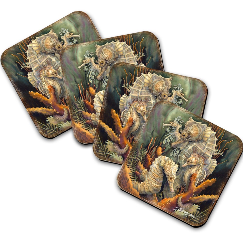 Seahorse Family Wooden Cork Coasters Gift Set of 4 by J. Bergsma – Coastal Decor  – 8199454C-S4