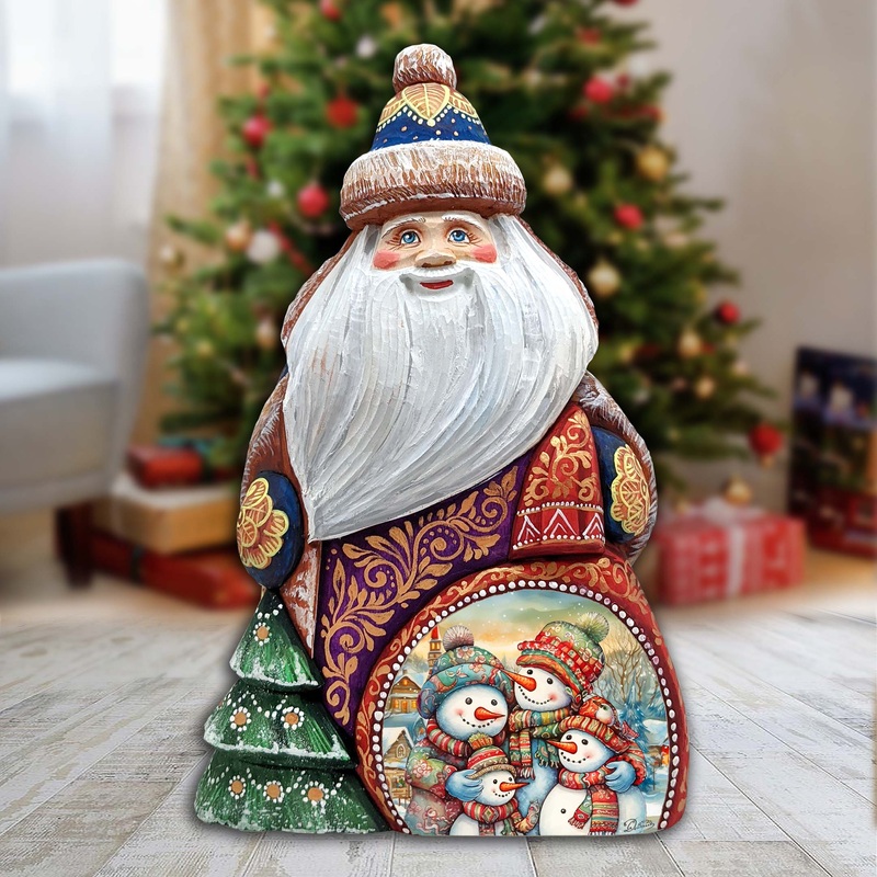 Snowman Family Santa Hand-Painted WOODCARVED Masterpiece Figurine by G. DeBrekht – Christmas Decor – 8206019