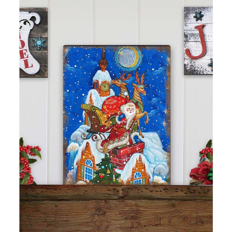 Special Delivery Santa Wooden Wall Art by G. DeBrekht – Christmas Santa Snowman Decor – 81215822B