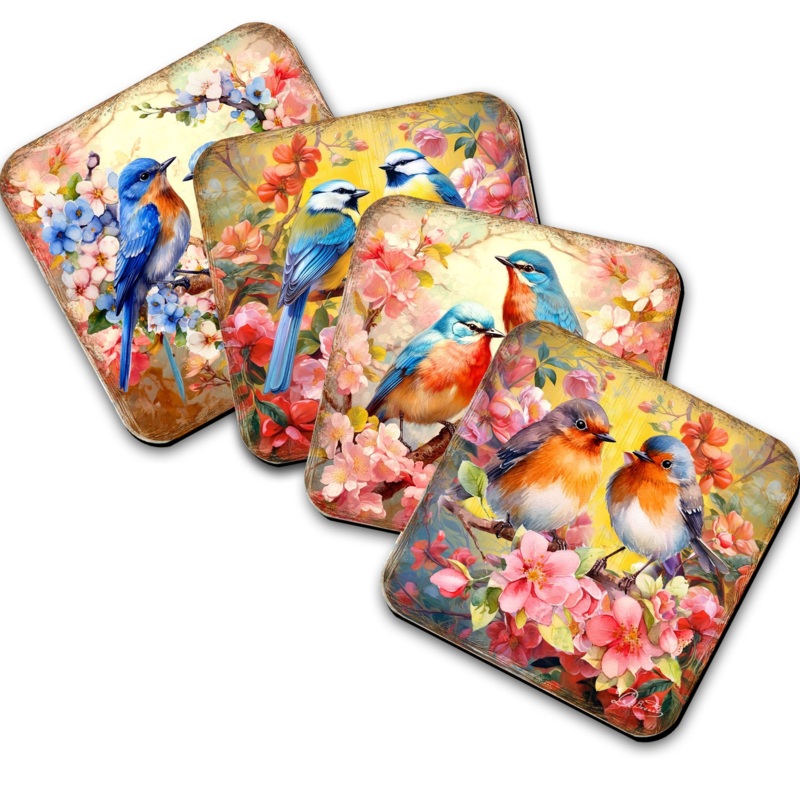 Spring Birds Wooden Cork Coasters Gift Set of 4 by G. Debrekht – Easter Spring Decor  – 8199438C-S4