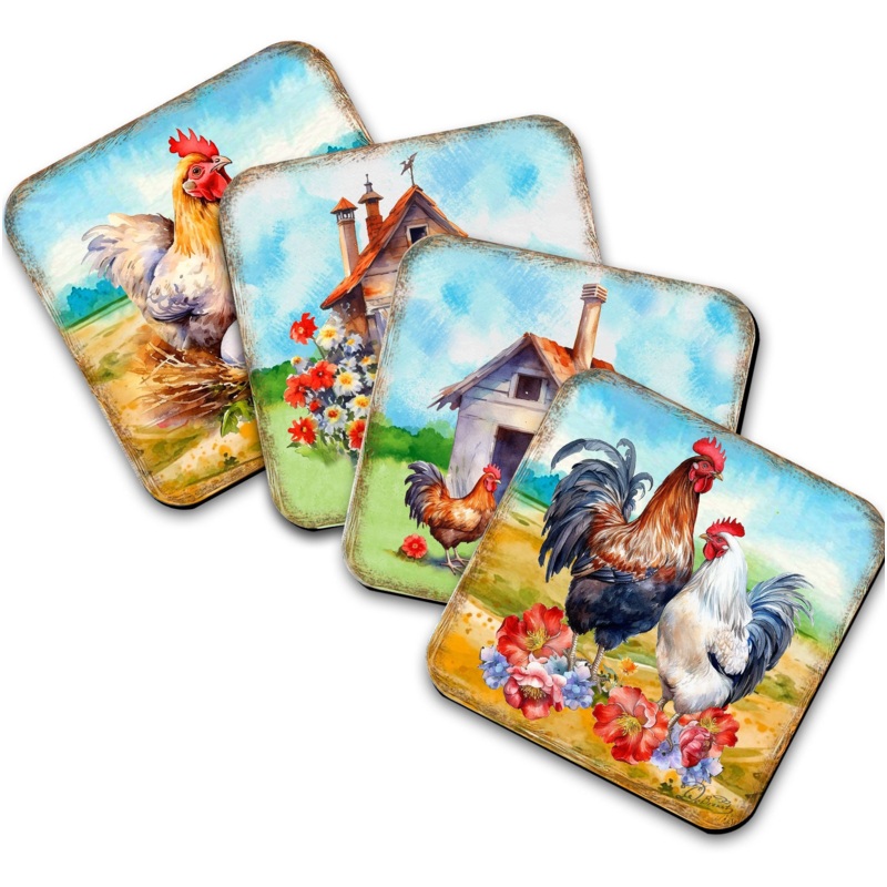 Spring on a Farm Wooden Cork Coasters Gift Set of 4 by G. Debrekht – Easter Spring Decor  – 8199436C-S4