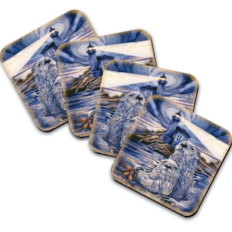 Starlight Otters Wooden Cork Coasters Gift Set of 4 by J. Bergsma – Wildlife Decor  – 8199473C-S4