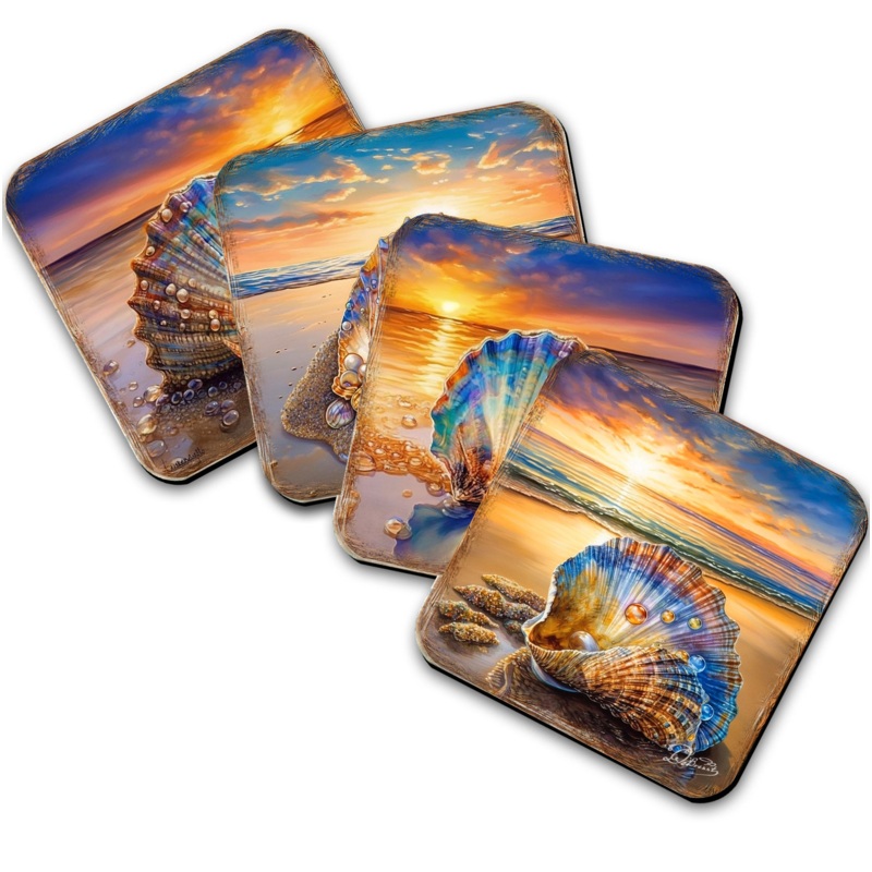 Sunset on the Beach Wooden Cork Coasters Gift Set of 4 by G. Debrekht – Coastal Holiday Dcor  – 8199450C-S4