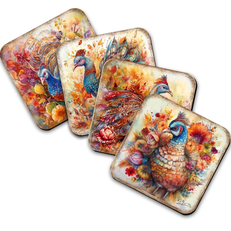 Turkey Wooden Cork Coasters Gift Set of 4 by G. Debrekht – Thanksgiving Decor  – 8199437C-S4