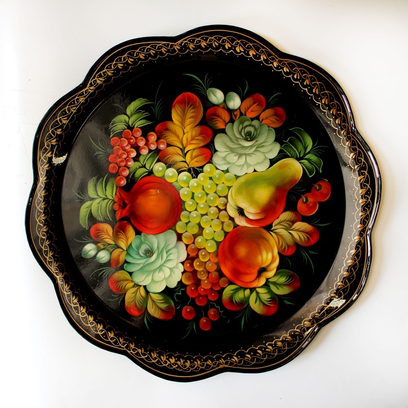 Unique Authentic Zhostovo Floral Hand-Painted Black Metal Tray 17 x 17 inches – Kitchenware and Gift Handmade Decorative Work of Art by  Functional Kitchenware Table and Unique Wall Decor