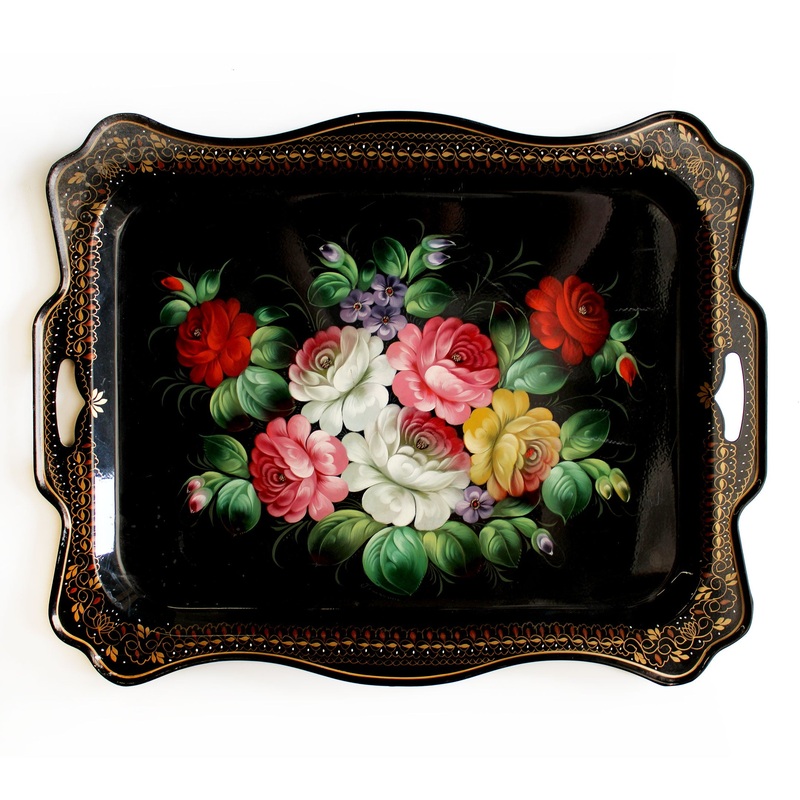 Unique Zhostovo-Style Floral Hand-Painted Metal Tray 20 x 15 inches Kitchenware and Gift Decor One-of-a-Kind Work of Art by  Functional for Kitchen Table and Wall Decor