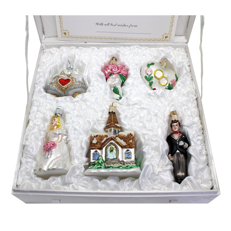 Wedding Ornaments Set of 6 Engagement – Unique Gift Made from Fabric Hand-Embroidered One-of-a-Kind Gift Set by GDeBrekht