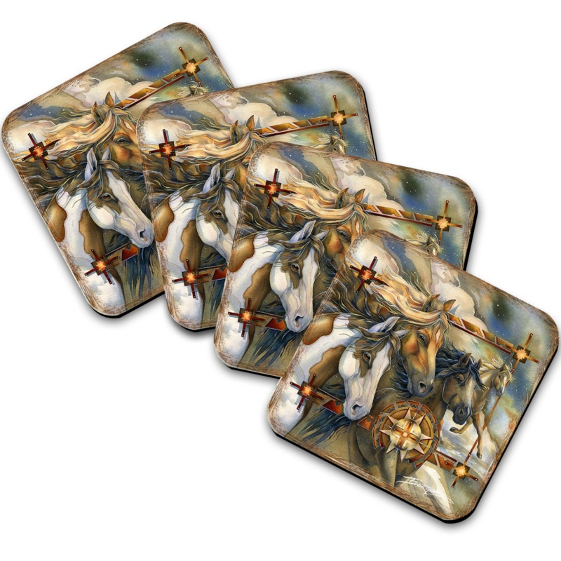 Wild Horses Wooden Cork Coasters Gift Set of 4 by J. Bergsma – Wildlife Dcor  – 8199474C-S4