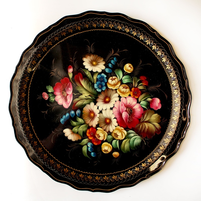 Zhostovo Floral Hand-Painted Black Metal Tray 17×17 – Handmade Kitchenware and Gift One-of-a-Kind Work of Art by  – Functional Kitchenware Table and Unique Wall Decor