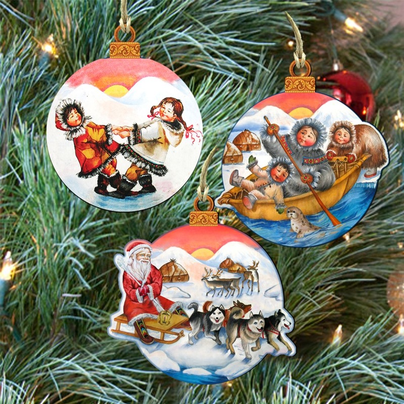 Arctic Adventure Wooden Ornaments Set of 3 by G. DeBrekht – Christmas Santa Snowman Decor – 8100012S3
