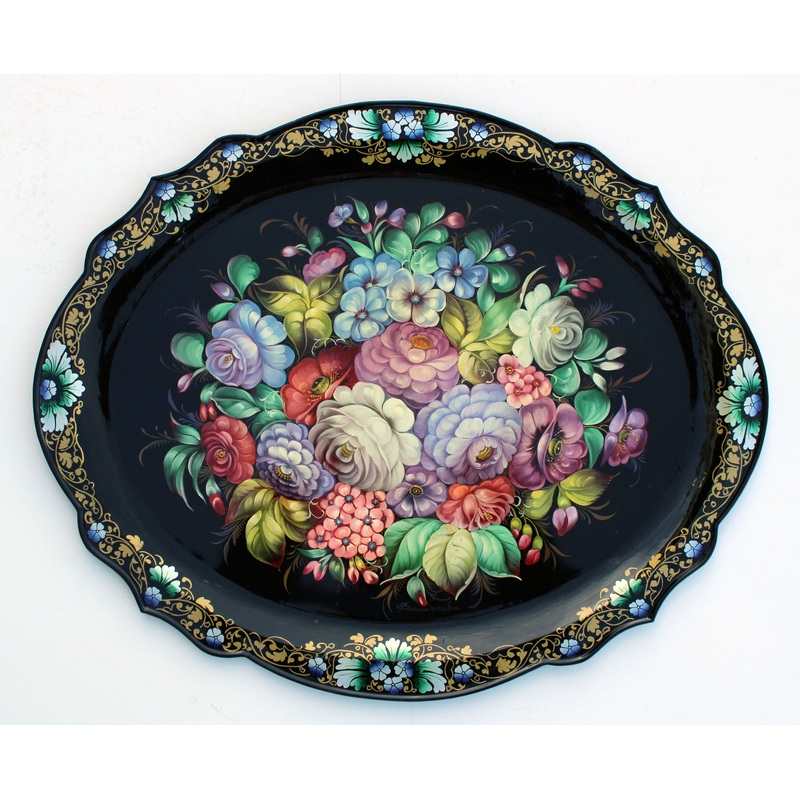 Authentic One-of-a-Kind Zhostovo Hand-Painted Metal Tray by Sergey Filipov – 21×17 Functional Kitchenware and Unique Wall Decor