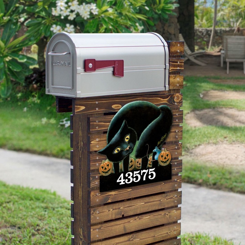 Black Cat Wooden Custom House Number Sign by Laura Seeley – Thanksgiving Halloween Decor – Handcrafted Wooden Address Sign – MA8512056-LS