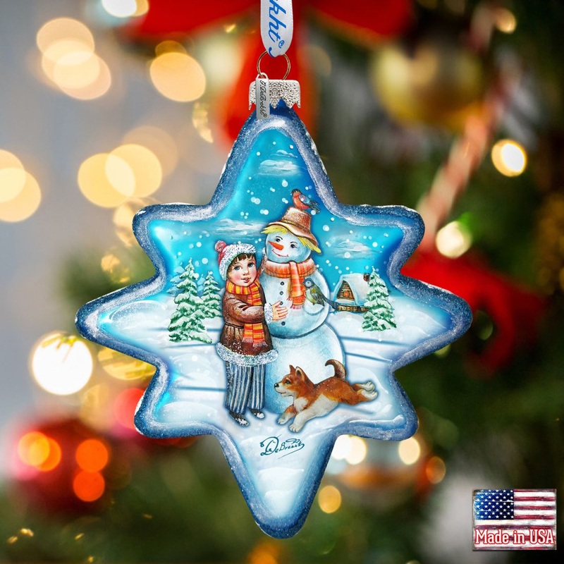 Build A Snowman North Star Glass Ornament by G. DeBrekht – Christmas Santa Snowman Decor – 755-009