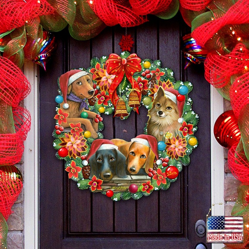 Christmas Friends Puppy Door Wreath by G. DeBrekht – Pets Dog and Cats Decor – 8185307-6H-SL