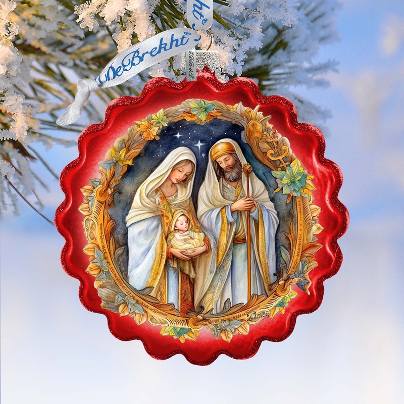 Classic Holy Family Nativity Wreath Glass Ornament by G. Debrekht – Christmas Santa Snowman Dcor – 759-059
