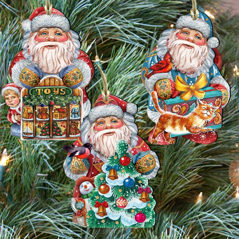 Gift Giving Santa Wooden Ornaments Set of 3 by G. DeBrekht – Christmas Santa Snowman Decor – 8100006S3