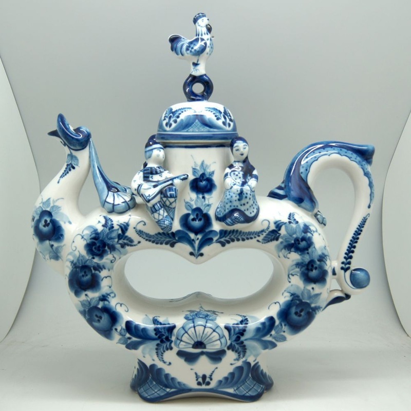 Gzhel Authentic Hand-Painted Fine Porcelain Decorative Blue and White Collectible Teapot by