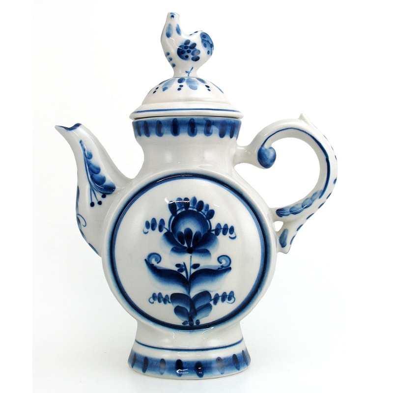 Gzhel Authentic Handpainted Fine Porcelain Decorative Blue and White Teapot by