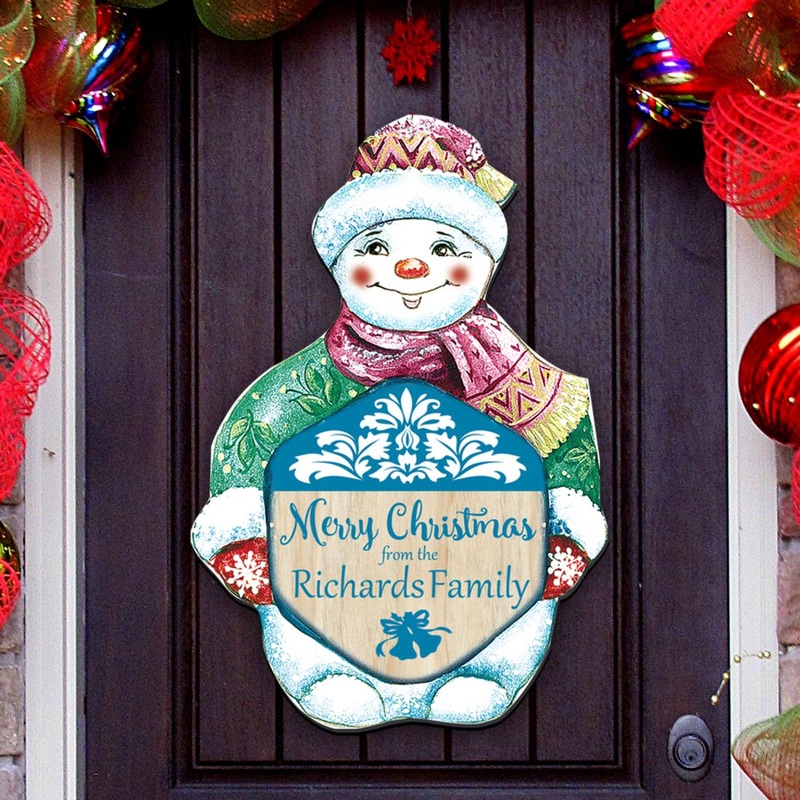 Merry Christmas Snowman Door Decor Family Name by G. DeBrekht – Christmas Santa Snowman Decor – 8116010H