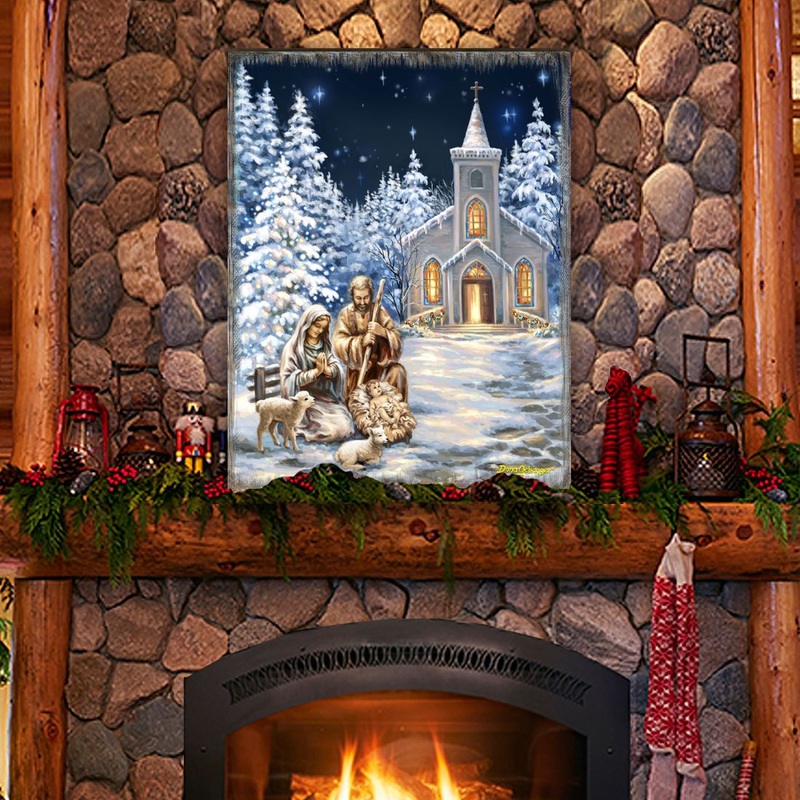 Nativity at the Chapel Night Sky Wooden Wall Art by D. Gelsinger – Nativity Holiday Decor – 95672B-DG