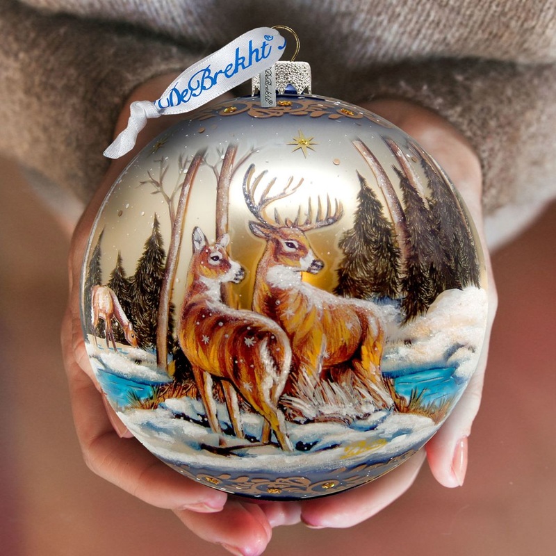 Peaceful Greetings Reindeers Ball Glass Ornament Limited Edition by G. DeBrekht – Christmas Decor – 73883