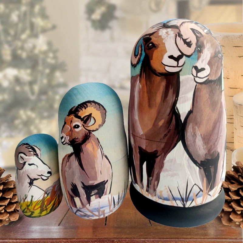 Ram Matreshka Nesting Hand-Painted Doll Set of 3 by G. DeBrekht – Wildlife Holiday Decor – 14773