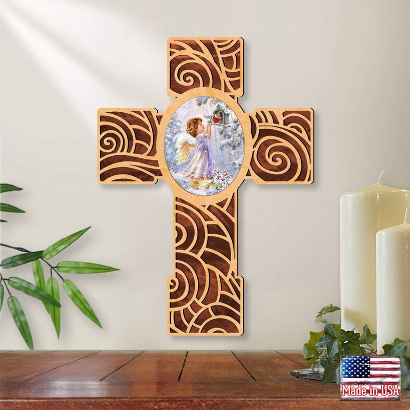 Red Robin Girl Angel Modern Wooden Cross by D. Gelsinger – Inspirational Icon Decor – 88285-DG