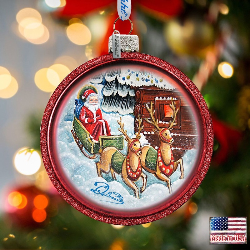 Riding A Sleigh Glass Ornament by G. DeBrekht – Christmas Santa Snowman Decor – 764-717