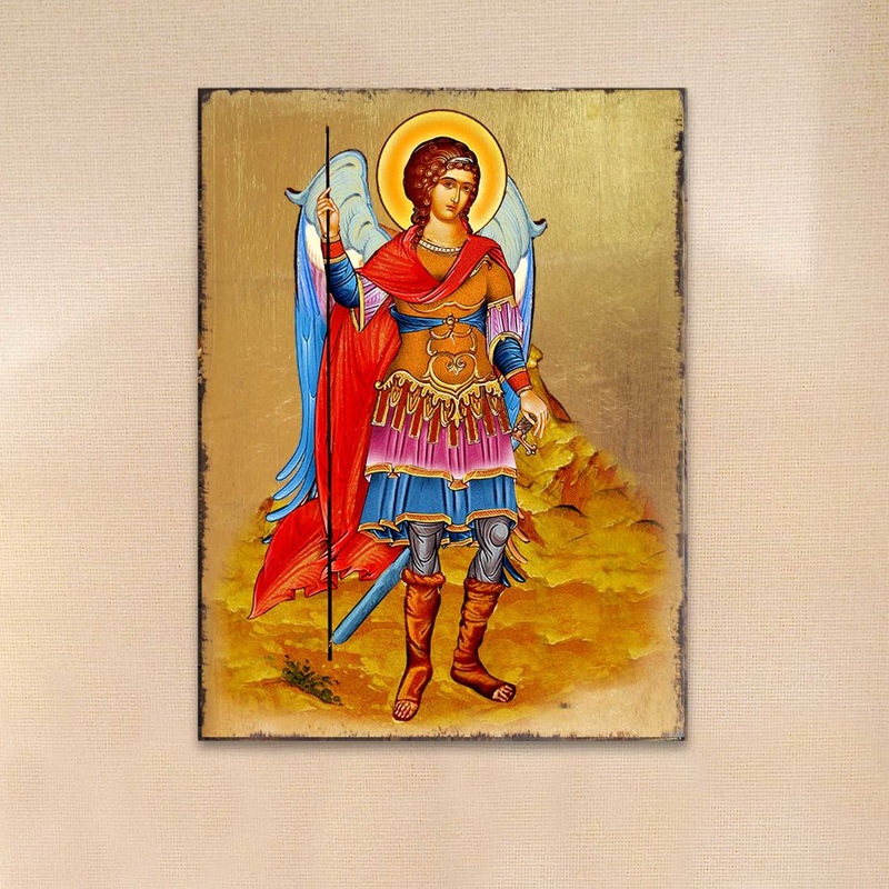 Saint Michael the Archangel Wooden Gold Plated Religious Christian Sacred Icon – Inspirational Icon Decor – 85022