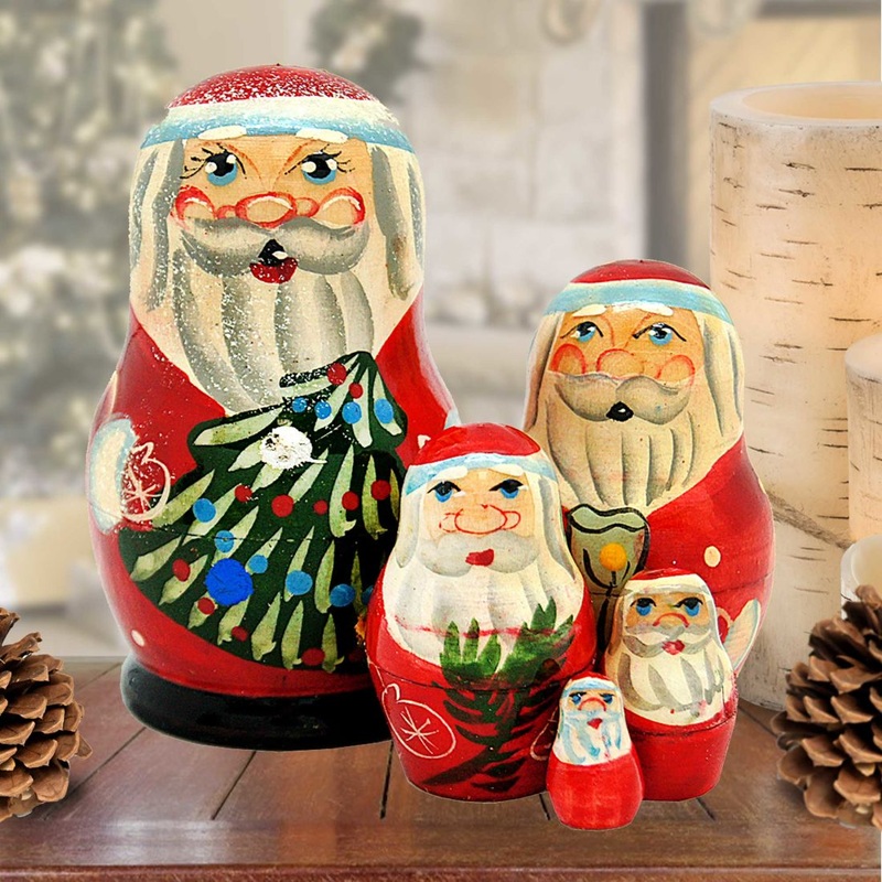 Santa Matreshka Nesting Hand-Painted Doll Set of 5 by G. DeBrekht – Christmas Santa Snowman Decor – 110150