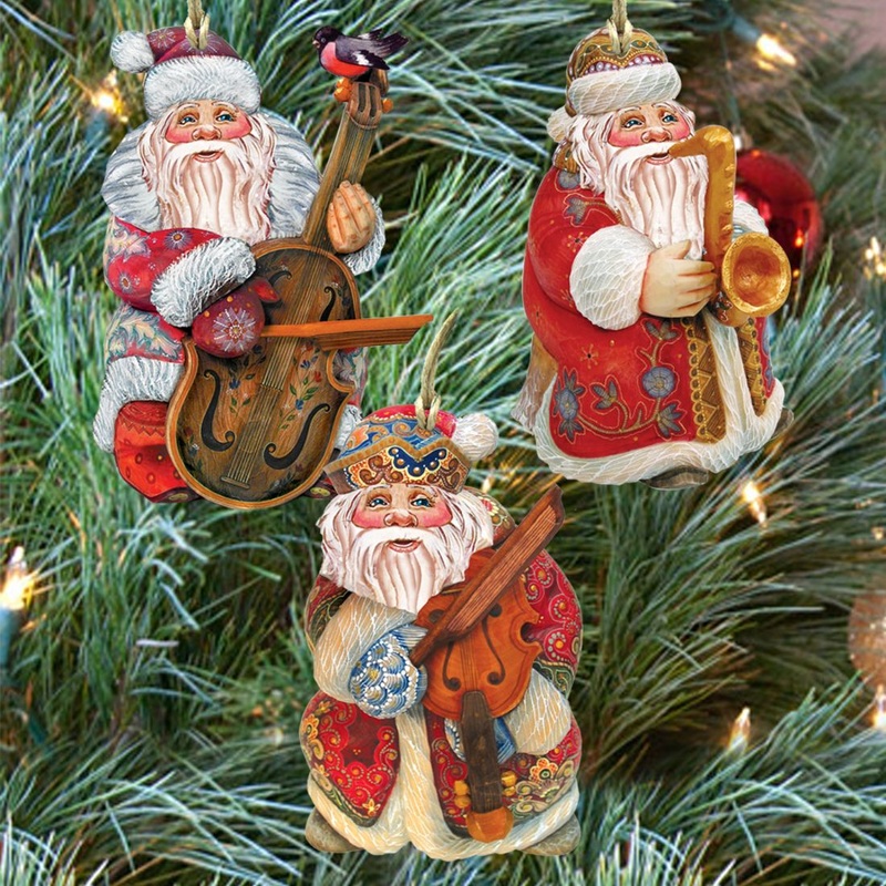 Santa Musicians Wooden Ornaments Set of 3 by G. DeBrekht – Christmas Santa Snowman Decor – 8100028S3
