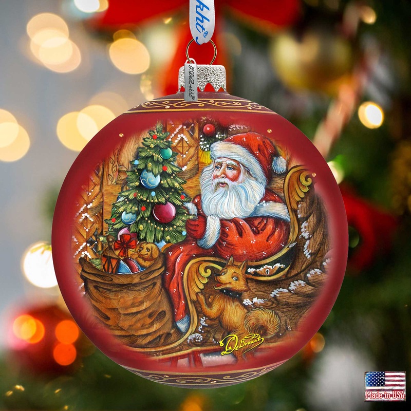 Santa on the Road Glass Ornament Limited Edition by G. DeBrekht – Christmas Santa Snowman Decor – 73915