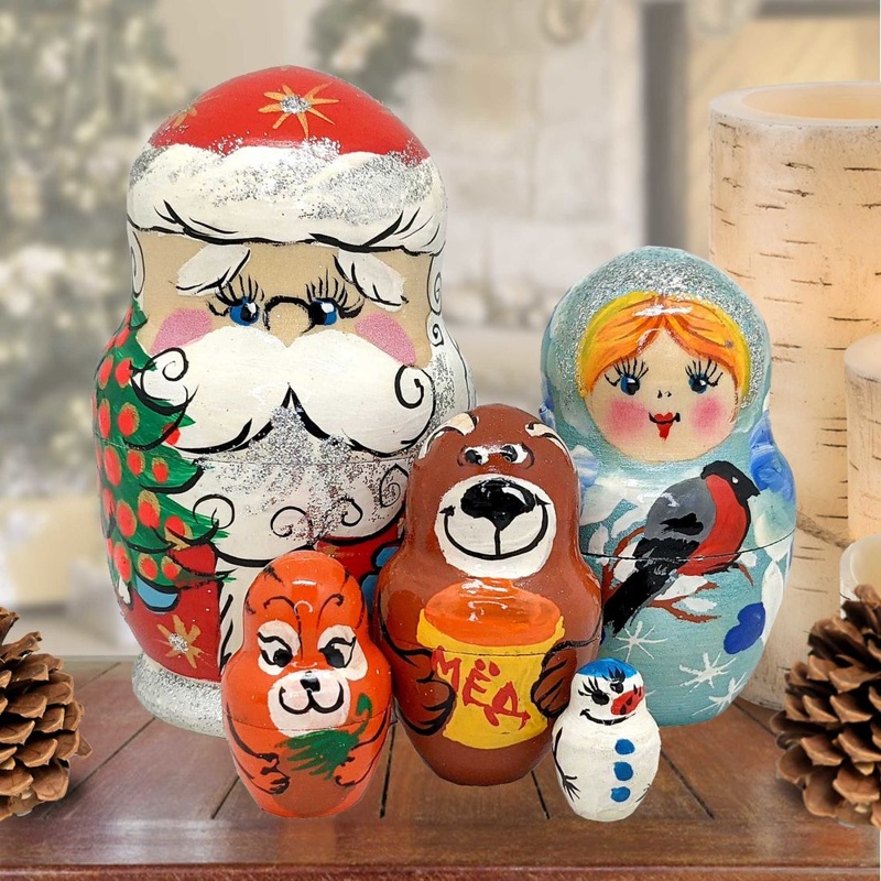 Santa with Forest Friends Matreshka Nesting Hand-Painted Doll Set of 5 by G. DeBrekht – Christmas Santa Snowman Decor – 110152
