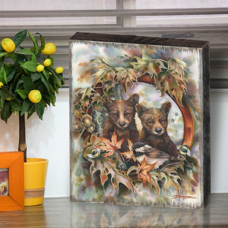 Simple Joys Black Bear Cubs Bees Wooden Wall Art by J. Bergsma – Nature Wildlife Decor – 85922850B-JB