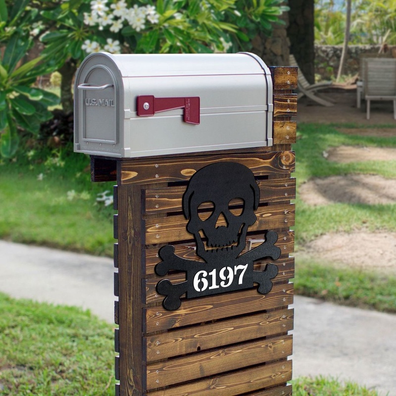 Skull and Bones Wooden Personalized House Number Sign by G. Debrekht – Thanksgiving Halloween Decor – Handcrafted Wooden Address Sign – MA8198443