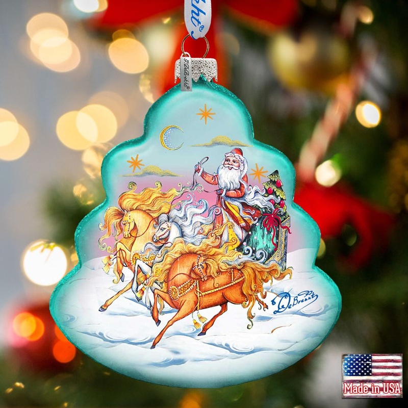 Sleigh Ride Tree Glass Ornament by G. DeBrekht – Christmas Santa Snowman Decor – 762-018