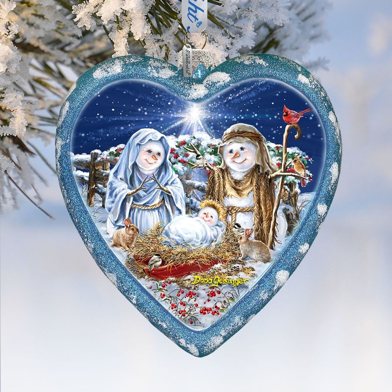 Snow Family Nativity Heart Glass Ornament Limited Edition by D. Gelsinger – Christmas Decor – 738-102-DG