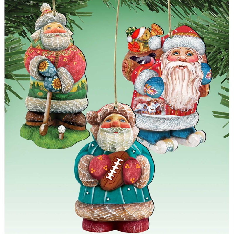 Sporty Santa Wooden Ornaments Set of 3 by G. DeBrekht – Christmas Santa Snowman Dcor – 8100031S3