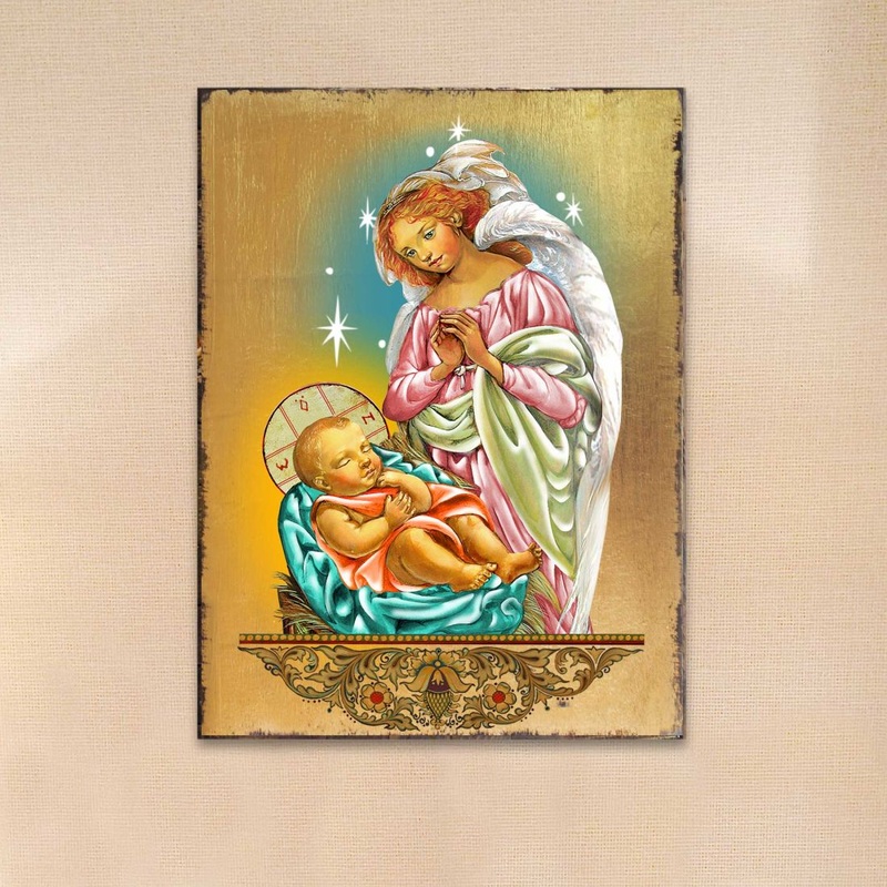 Blessing Angel with Child Wooden Gold Plated Religious Christian Sacred Icon – Inspirational Icon Decor – 85028