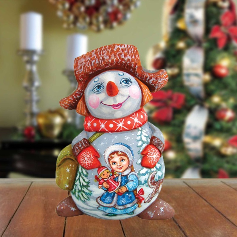 Boy with Girl and Dog Snow Boy Hand-Painted WOODCARVED Figurine by G. DeBrekht – Christmas Santa Snowman Decor – 8215894