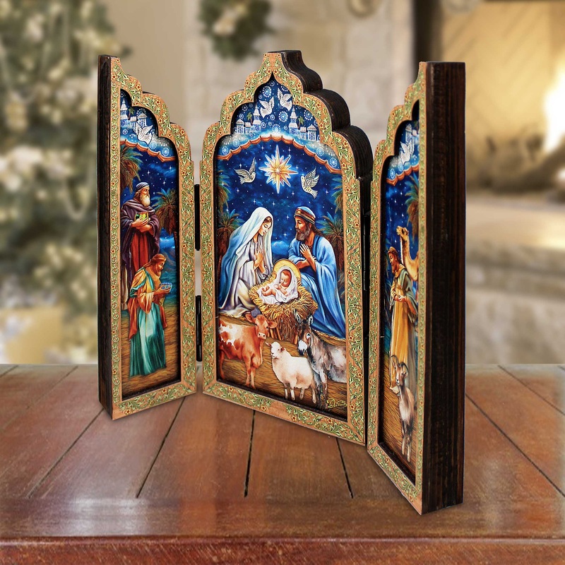 Christmas Story Wooden Tabletop Triptych – Nativity Holiday Decor – Limited Edition Centerpiece Figurine by G. Debrekht 89313-S3
