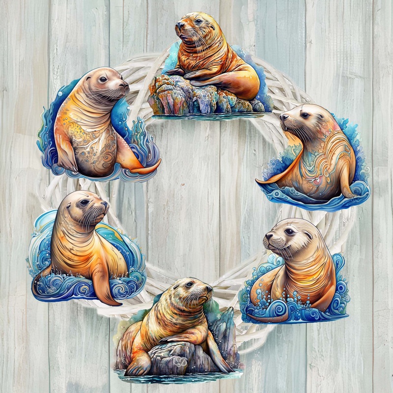 Coastal Sea Lions Decorative Wooden Clip-on Ornaments Set of 6 by G. Debrekht – Wildlife Decor – 8090127C-S6