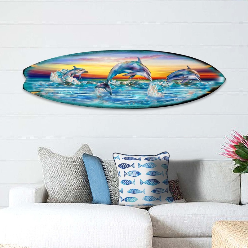 Dolphin’s Dance Surfboard Coastal Wall Art by G. DeBrekht – Coastal Holiday Decor – 8490122HS
